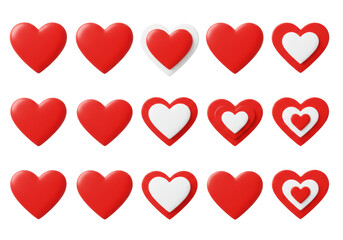 Diverse red heart icons: solid, outlined, nested in vibrant crimson, against transparent background with copy space, soft lighting. Digital design concept of love and affection