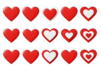 Diverse red heart icons: solid, outlined, nested in vibrant crimson, against transparent background with copy space, soft lighting. Digital design concept of love and affection