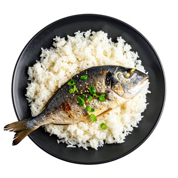Sea bream rice, or tai meshi, a flavorful and simple japanese meal, showcased on a dark surface and isolated on a stark white studio background