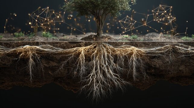 Tree with exposed roots growing from its base intricate network of roots extends from sturdy tree