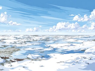 Obraz premium Expansive frozen landscape with icy terrain and a vast, clear blue sky dotted with fluffy white clouds creating a sense of serene isolation.