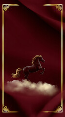 Naklejka premium Luxury chinese background with galloping horse and cloud on red festive oriental background framed with elegant gold border and flowing fabric texture