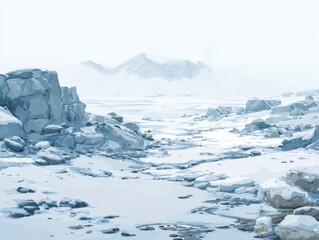 Expansive winter landscape showcases distant snow capped mountains amidst a rocky, icy terrain under a hazy sky.