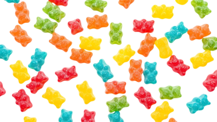 Colorful gummy bears scattered on black isolated on a transparent background candy sugary 1 sweets