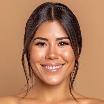 Radiant Smile of Beauty: A close-up shot of a young woman's face, her captivating smile illuminating with grace and charm. The light enhances her flawless complexion, highlighting the innate beauty.
