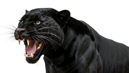 Black panther with mouth open showing sharp teeth and yellow eyes isolated on a transparent background