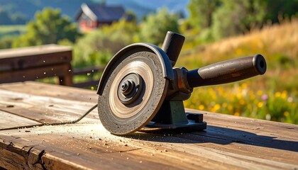 Close-up of a power tool resting on a wooden surface with a grassy landscape in the background