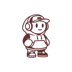 Cute Cartoon Character Wearing Hoodie and Headphones Minimalist Design.