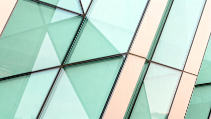 Modern geometric glass facade detail, Abstract pattern of green tinted architectural windows on a contemporary building.