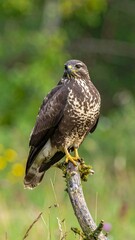 Naklejka premium Perched bird of prey in a forest setting
