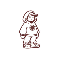 Stylized Character in Hoodie and Cap Standing Still.