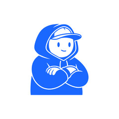 Blue Cartoon Character with Hoodie and Cap, Arms Crossed.