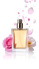 Perfume bottle with rose petals