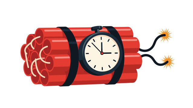 Illustration of a dangerous bundle of red dynamite sticks with a black timer and lit fuses ready to explode on a white background.