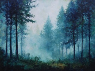 Fototapeta premium Misty coniferous forest landscape with ethereal blue fog creating a serene and mysterious atmosphere, perfect for nature-themed projects.