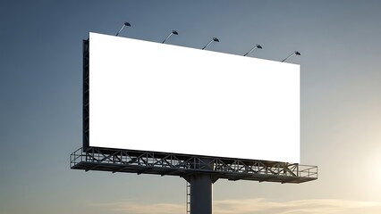 Fototapeta premium Large blank billboard on metal scaffolding against a clear sky with sun shining