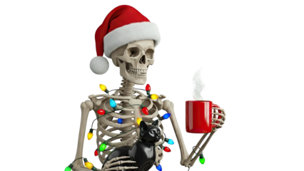 Skeleton Wearing Santa Hat with Christmas Lights and Black Cat