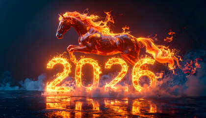A dramatic Lunar New Year 2026 artwork featuring a glowing, fiery horse leaping above blazing 2026 numbers on a dark background, symbolizing power, momentum, success, and new beginnings.