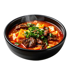 Hearty yukgaejang, a traditional korean spicy beef and vegetable soup, served in a dark vessel and isolated on a stark white studio background