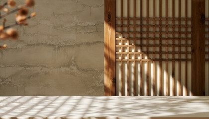 Korean traditional wooden lattice door background with beige plaster wall texture, natural sunlight tree shadow