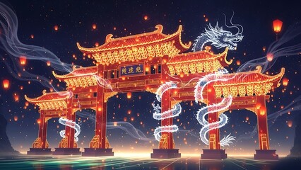 Fototapeta premium Vibrant Chinese New Year Celebration with Illuminated Traditional Gate, Glowing Dragon, and Festive Lanterns Reflected at Night