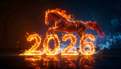 A dramatic Lunar New Year 2026 artwork featuring a glowing, fiery horse leaping above blazing 2026 numbers on a dark background, symbolizing power, momentum, success, and new beginnings.