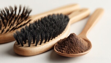 Wooden brushes and brown powder fill a spoon on light surface