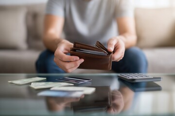 Man Checking Empty Wallet With Bills and Calculator &ndash; Personal Finance, Debt, and Budget Stress Concept