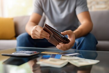 Man Checking Empty Wallet With Bills and Calculator &ndash; Personal Finance, Debt, and Budget Stress Concept