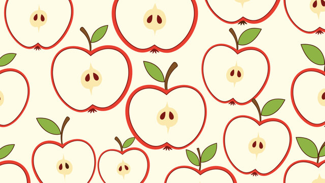 Seamless pattern of sliced red apples showing the core and seeds repeated across a light cream colored background texture.