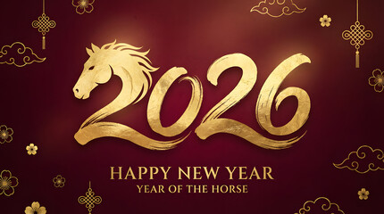 A Lunar New Year 2026 design featuring a golden horse integrated into the numbers 2026 on a rich red background, symbolizing strength, prosperity, success, and new beginnings for the new year.