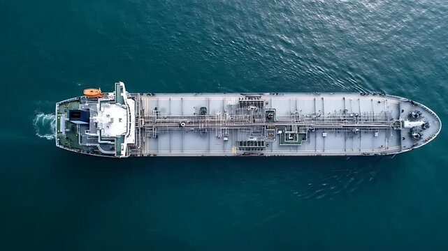 Aerial view of cargo ship sailing through calm blue waters in open ocean environment