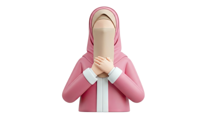 3D Muslim woman in pink hijab and niqab with hands clasped