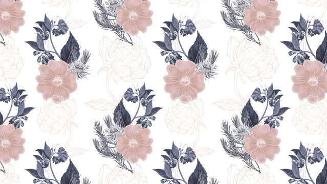 Hand drawn dull pin kand dark flower patterned background design element