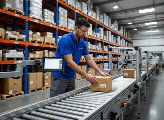 Fototapeta premium Man working on a warehouse conveyor belt with a box