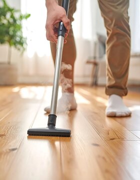 Person vacuuming hardwood floor