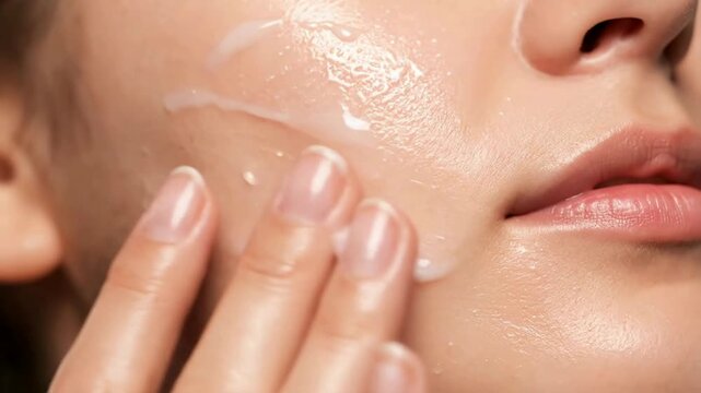 Woman Applying Moisturizer to Face with Gentle Fingertips in Skincare Routine Close-up