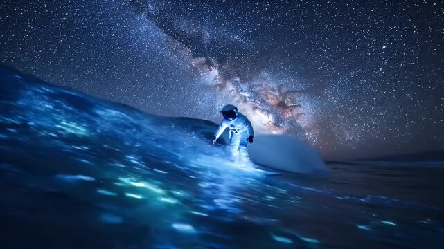 Astronaut surfing on a cosmic bioluminescent wave under the milky way's glow