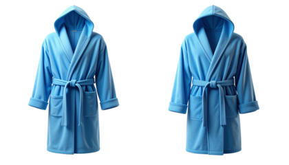 Premium blue spa bathrobe with belt set isolated on transparent background.