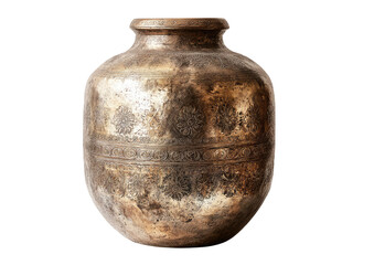 Hammered metal pot with subtle floral patterns against a black background