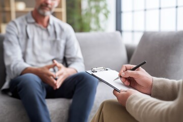 Psychology Counseling Session &ndash; Therapist Listening to Male Patient During Mental Health Consultation