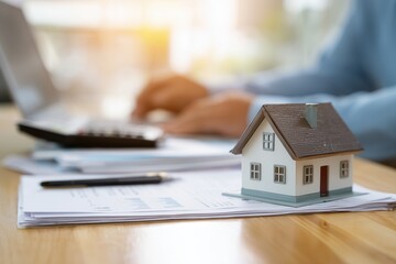 Real Estate Financial Planning With Miniature House Model and Laptop Workspace