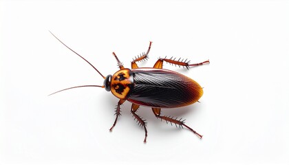 Cockroach on plain white background, isolated insect photo for pest control articles, science projects, biology textbooks, or educational resources.