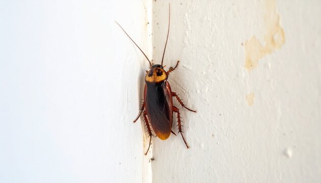 Brown cockroach crawls on a dirty white textured wall surface. Creepy closeup shot suitable for pest control, infestation, and horror concepts.