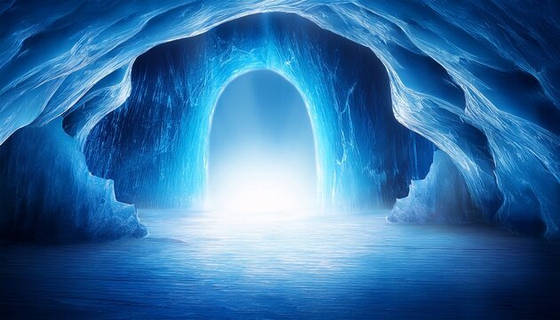 Mystical Blue Ice Cave Entrance With Glowing Light Background Illustration