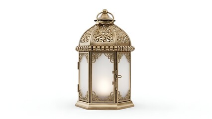 Obraz premium Decorative golden lantern with frosted panels on tabletop, viewed from a straight-on perspective