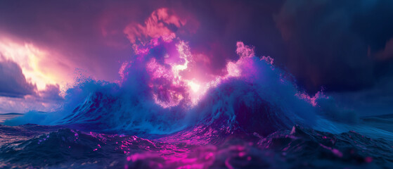 Dramatic wave crashing against rocky shoreline under vibrant purple stormy sky with dramatic clouds and illuminated by flashes of light