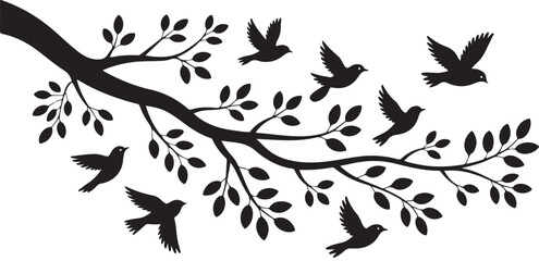 Obraz premium Birds on tree branch illustration on white background, black and white vector graphic