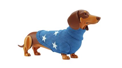 Dachshund wearing a blue knitted sweater with white stars