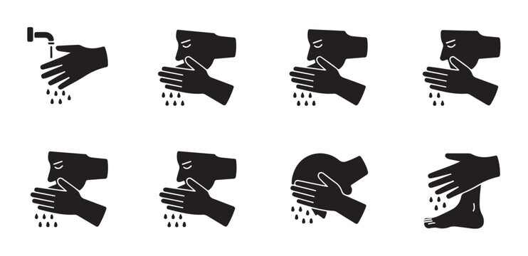 Ablution steps flat icon set isolated on white background, purification before prayer